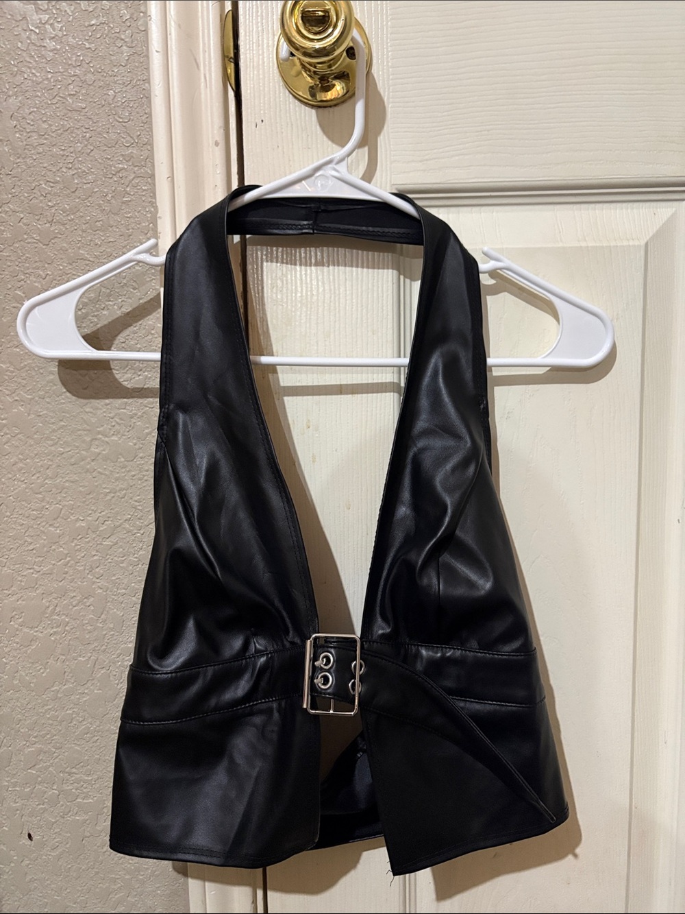 SHEIN Black Faux Leather Halter Vest with Buckle Detail